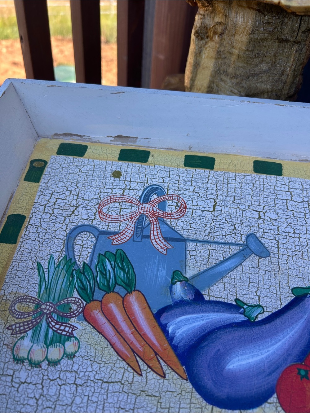 Vintage White Wood Serving Tray with Colorful Vegetable Motif - Picture 8 of 13